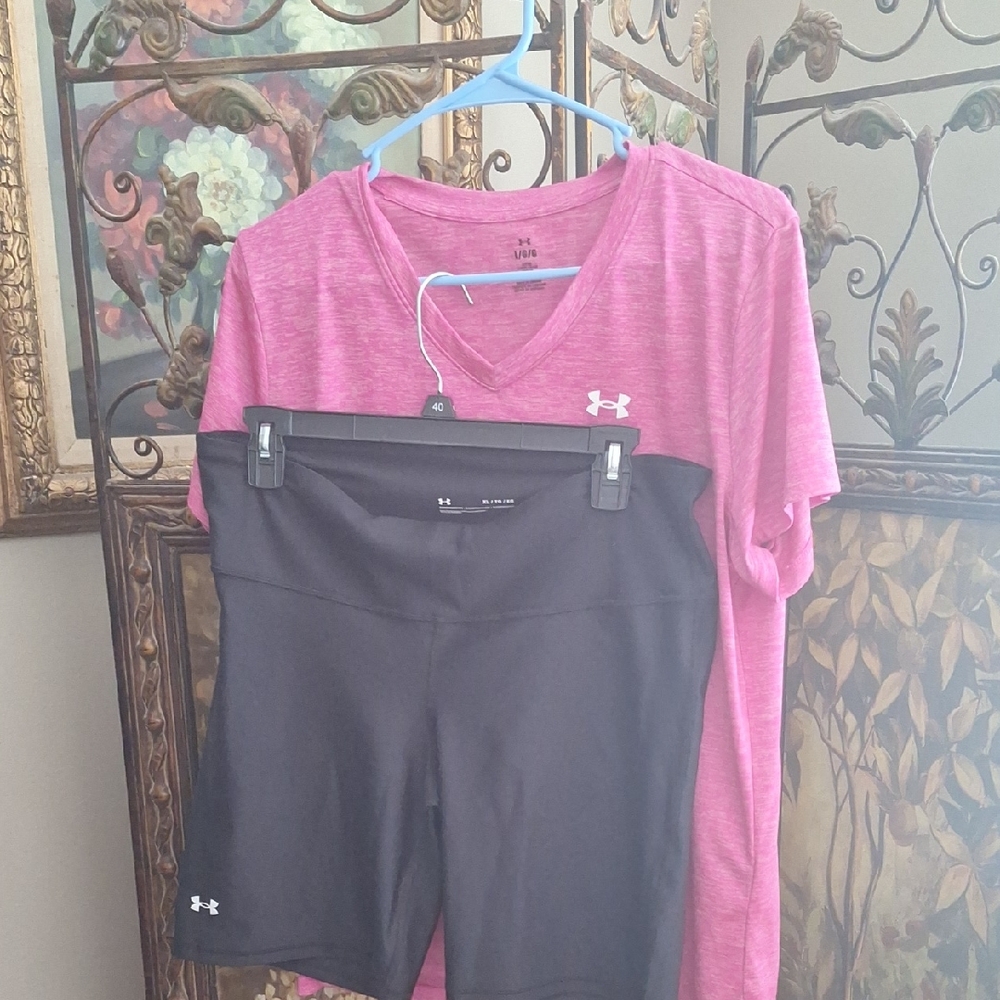 Under Armour Pink V-Neck Tee with Black Performance Shorts Set